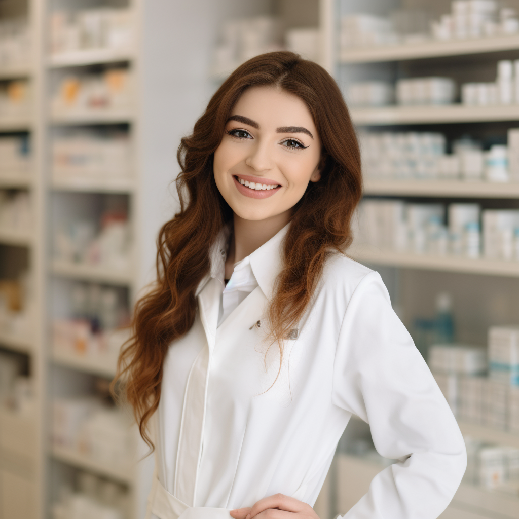 Eine freundliche Apothekerin in einem weißen Kittel lächelt vor einem Regalsystem voller Medikamente und Pflegeprodukte in einer Apotheke.