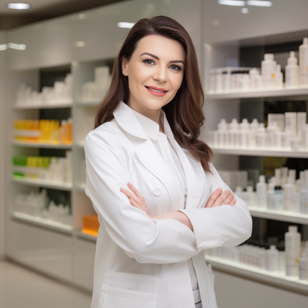 Eine professionelle Frau in einem weißen Laborkittel steht mit verschränkten Armen in einem modernen Kosmetikgeschäft. Im Hintergrund sind Regale mit verschiedenen Hautpflegeprodukten sichtbar.