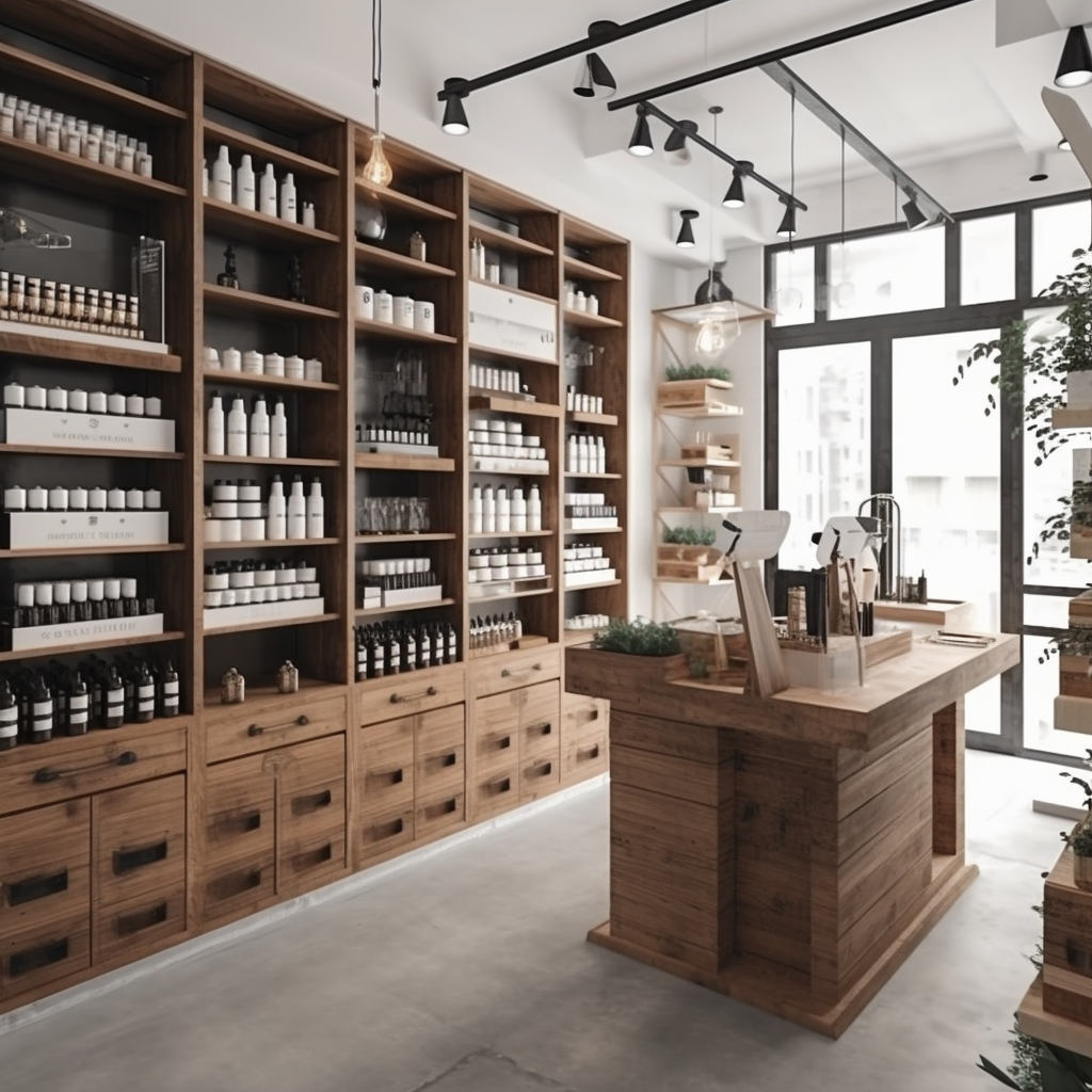 Ein modernes Geschäft für Naturkosmetik mit Holzregalen, die eine Vielzahl von Flaschen und Produkten zeigen. Der Verkaufsbereich ist mit einem großen Holztisch ausgestattet und von großen Fenstern umgeben, die viel Tageslicht hereinlassen. Pflanzen dekorieren den Raum und schaffen eine einladende Atmosphäre.