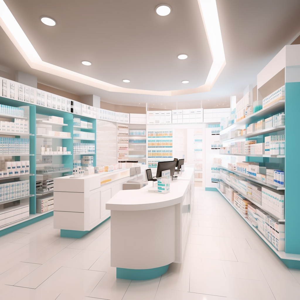 Moderne Apotheke mit hellen Regalen, die eine Vielzahl von Medikamenten und Gesundheitsprodukten zeigen. Der Empfangstresen ist gut sichtbar, ausgestattet mit Computern und einem klaren, minimalistischen Design. Die Beleuchtung ist freundlich und einladend, was eine angenehme Einkaufsatmosphäre schafft.