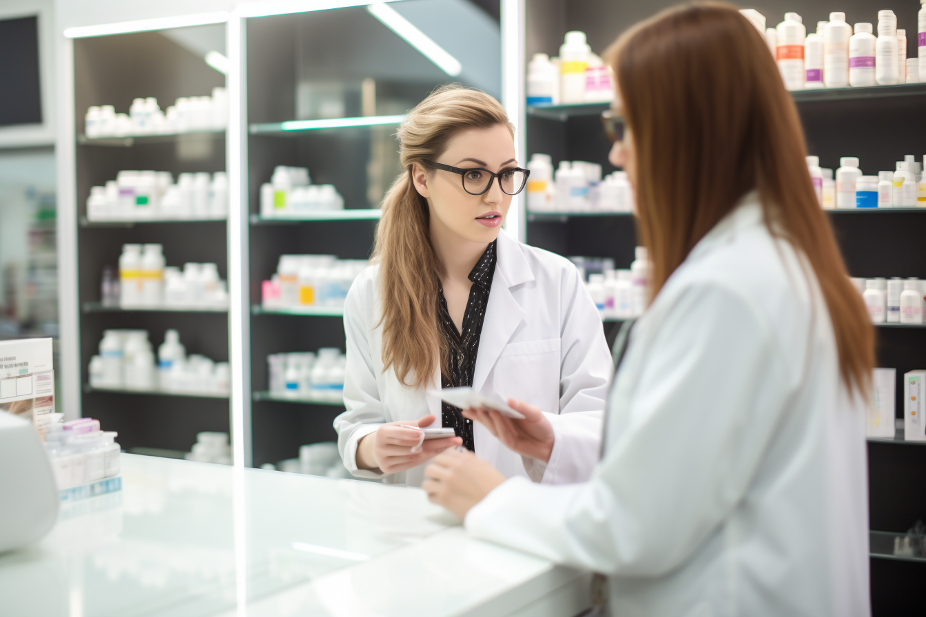 Zwei Apothekerinnen stehen hinter einem Verkaufstresen in einer Apotheke. Eine von ihnen trägt eine Brille und hält ein Medikament in der Hand, während die andere aufmerksam zuhört. Im Hintergrund sind Regale mit verschiedenen Arzneimitteln sichtbar.