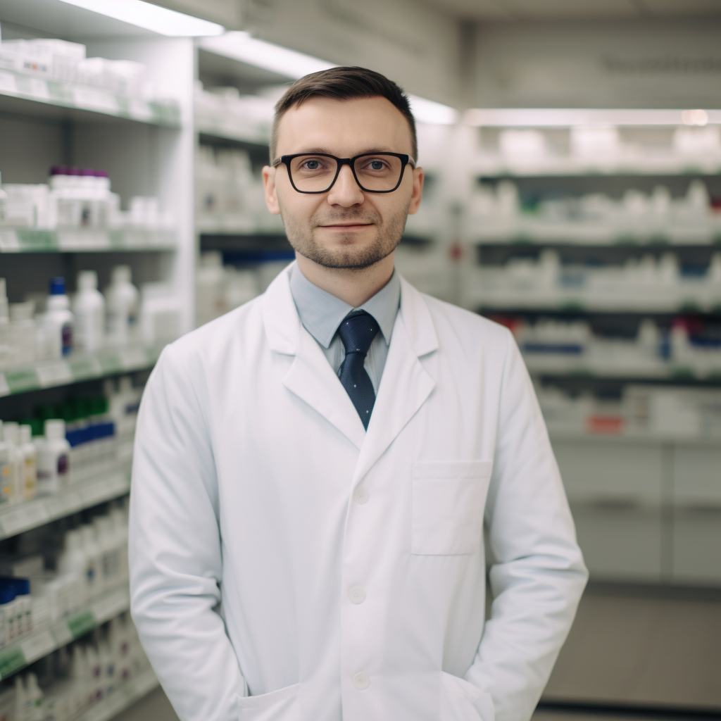 Ein Apotheker in einem weißen Kittel steht in einer modernen Apotheke mit Regalen voller Medikamente im Hintergrund. Er trägt eine Brille und hat ein seriöses Erscheinungsbild.