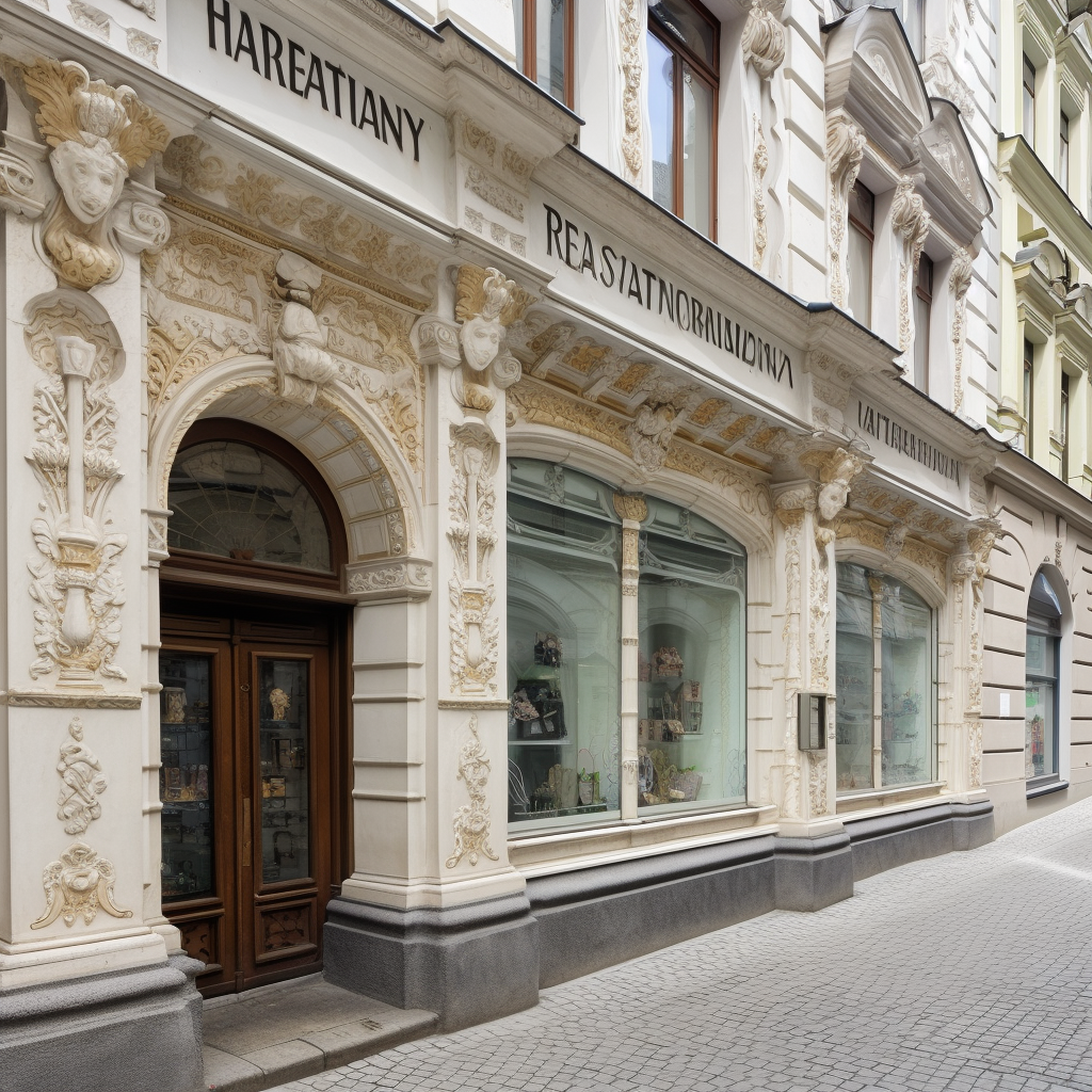 Fassade eines historischen Gebäudes mit kunstvollen Verzierungen und Schaufenstern, die zum Bummeln einladen. Die Architektur zeigt Details im Neorenaissancestil, mit Reliefs und dekorativen Elementen.