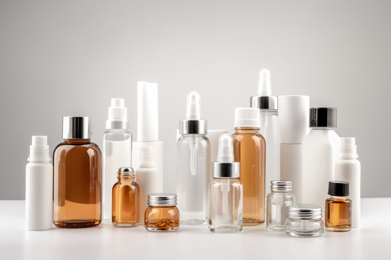 Eine Anordnung von verschiedenen kosmetischen Flaschen und Behältern in verschiedenen Formen und Größen, darunter transparente, braune und weiße Flaschen mit Sprühköpfen, Pipetten und Schraubdeckeln, auf einem hellen Hintergrund.