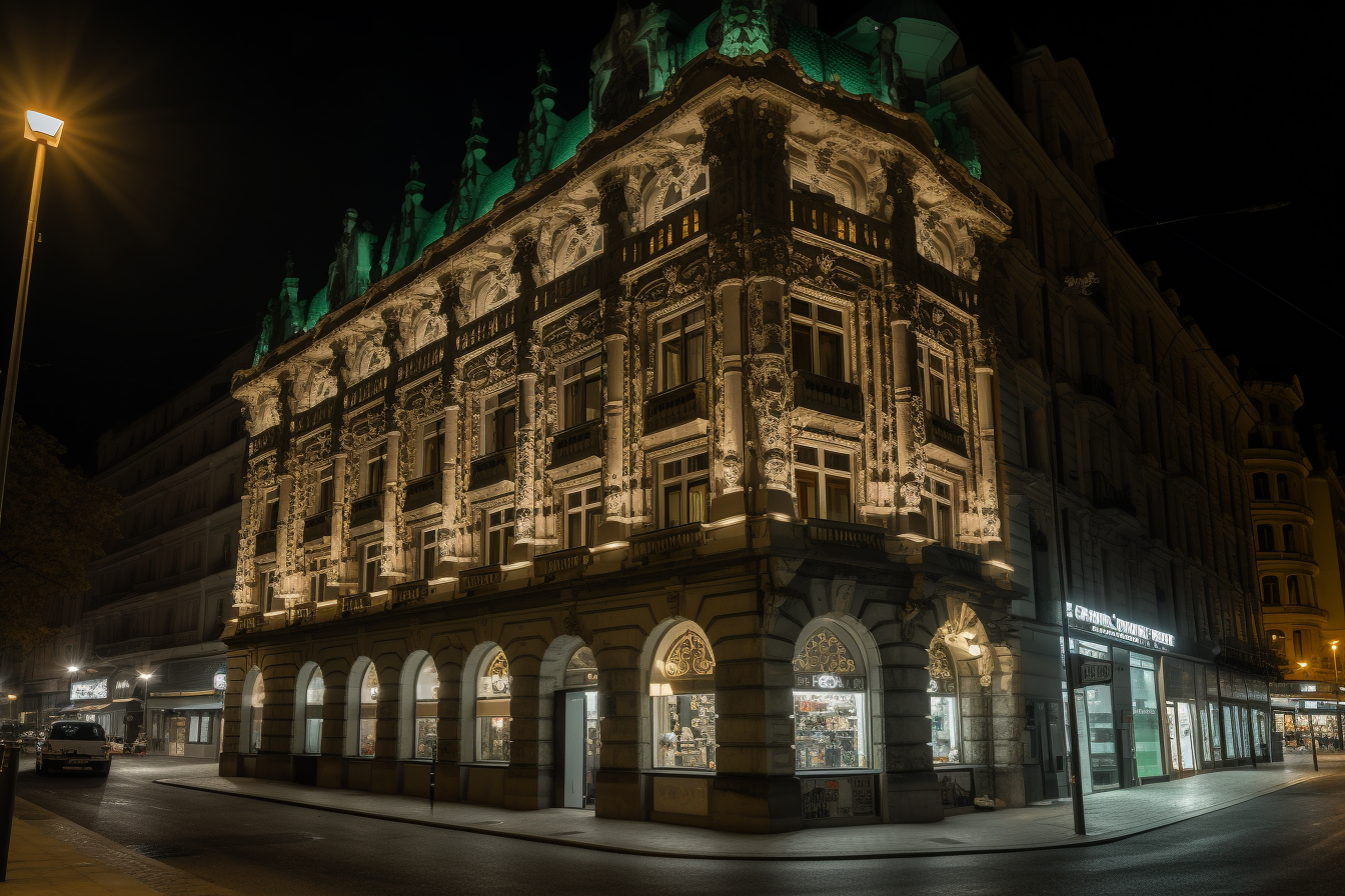 Beleuchtetes historisches Gebäude in der Nacht, mit kunstvoller Fassade und grünen Dächern, das architektonische Details und eine einladende Atmosphäre ausstrahlt.