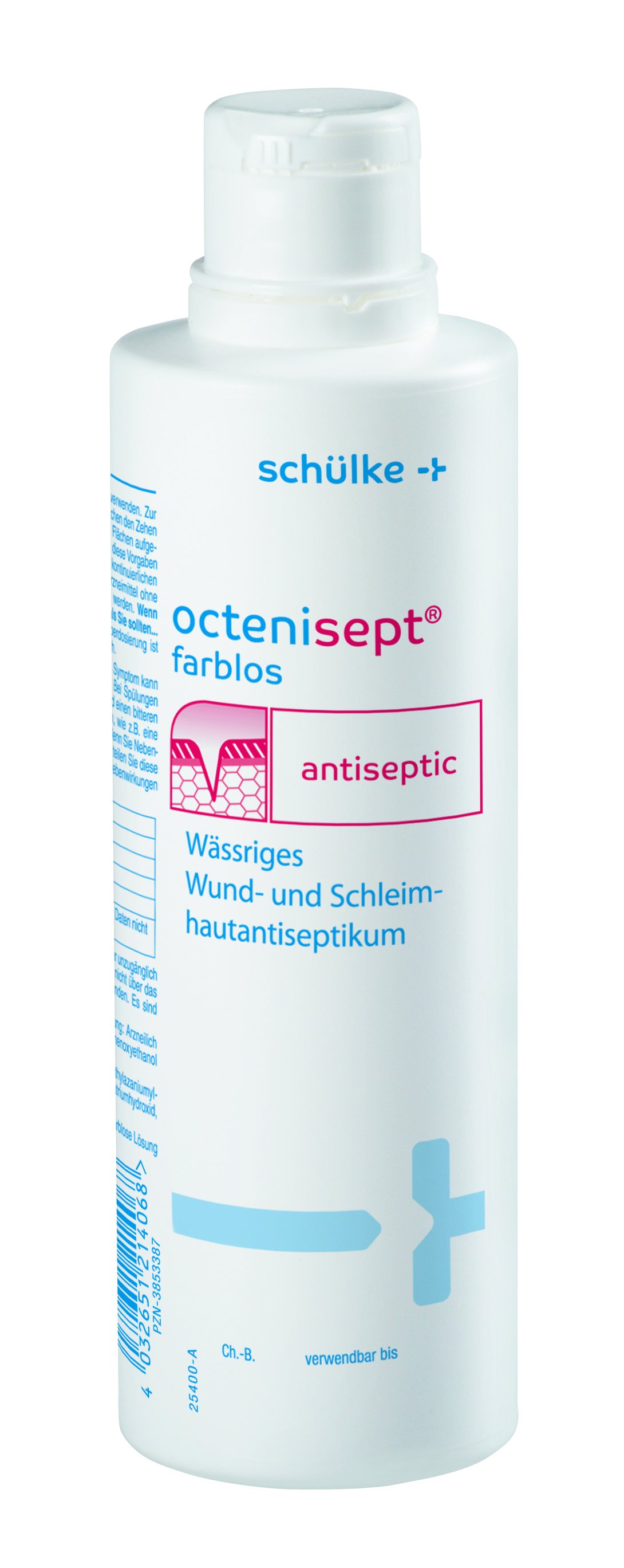Flasche mit octenisept Antiseptikum, farblos, zur Wund- und Schleimhautdesinfektion.