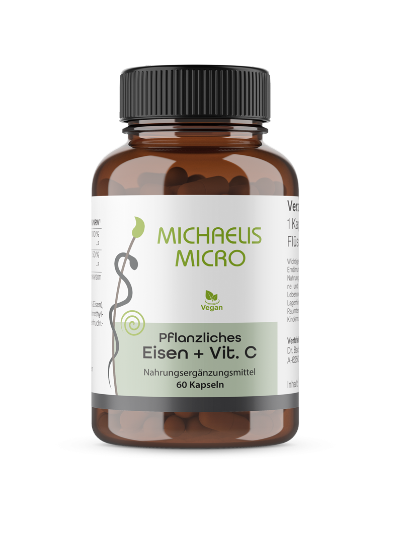 Michaelis Pflanzliches Eisen und Vitamin-C Nahrungsergänzungsmittel in einer braunen Glasflasche mit 60 Kapseln.