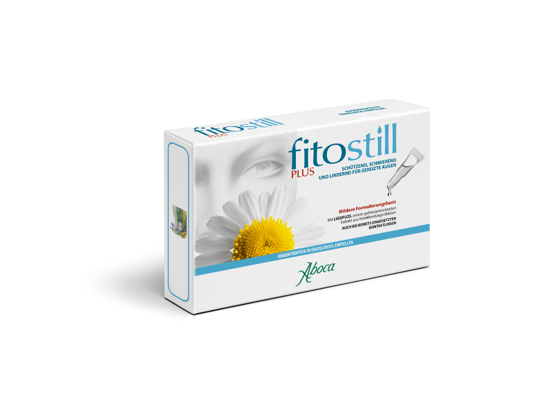 Packung von "fitostill PLUS" mit Kamillenblüte und einer Pipette, auf schwarzem Hintergrund.