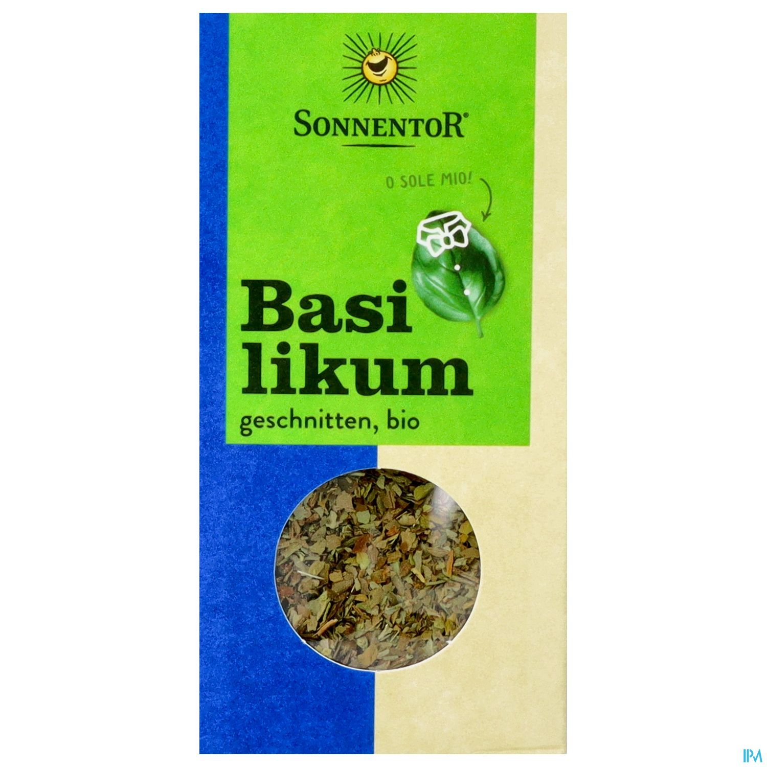 Packung mit geschnittenem Bio-Basilikum von SONNENTOR, mit Sichtfenster für den Inhalt.