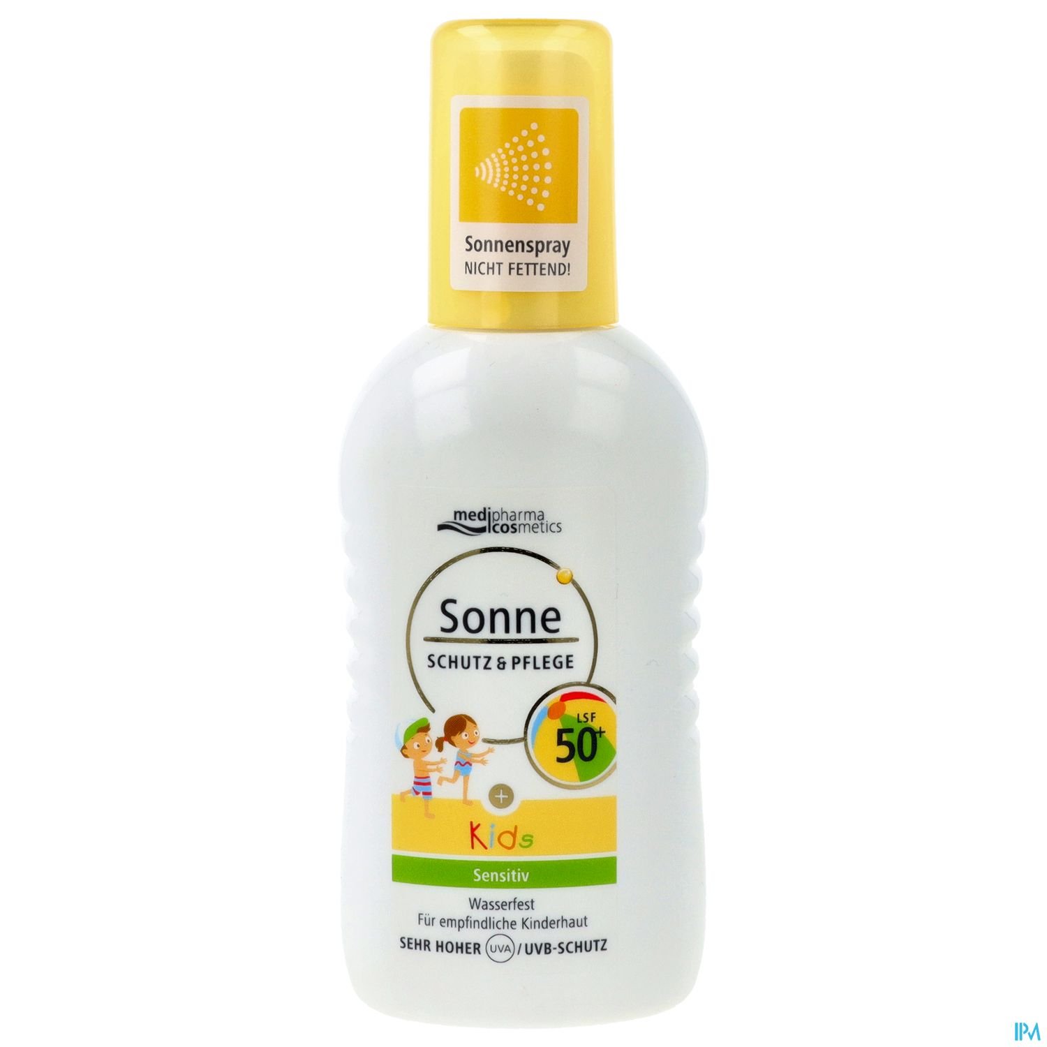 Weiße Flasche mit gelbem Deckel, beschriftet mit "Sonne Schutz & Pflege", Sonnencreme für Kinder mit Lichtschutzfaktor 50, wasserfest.