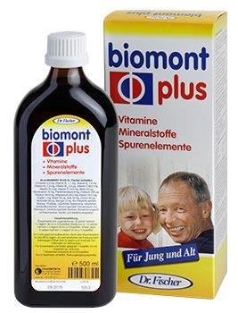 Flasche und Verpackung des Produkts "biomont plus" von Dr. Fischer, enthält Vitamine, Mineralstoffe und Spurenelemente.