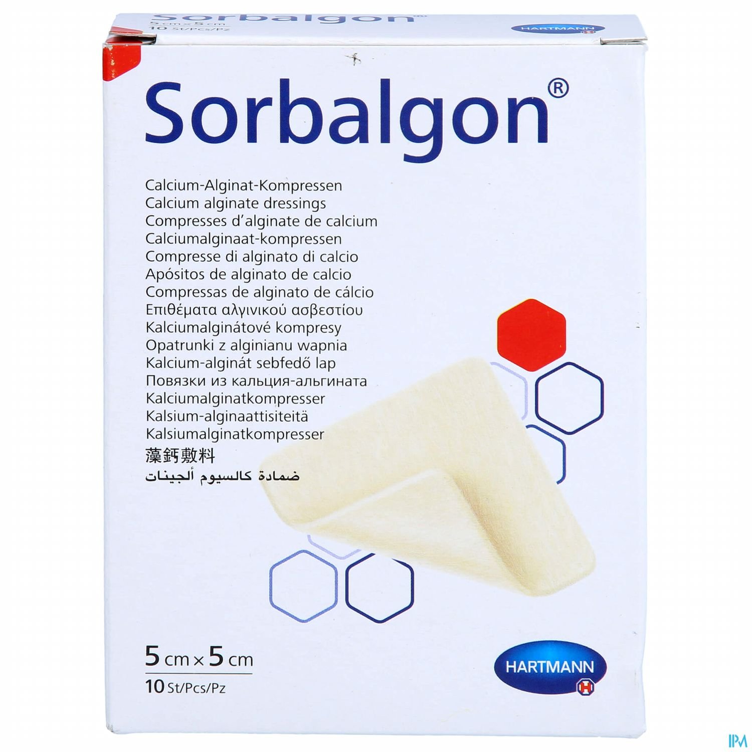 Packung mit Sorbalgon, Calcium-Alginat-Kompressen, 10 Stück, 5 cm x 5 cm.