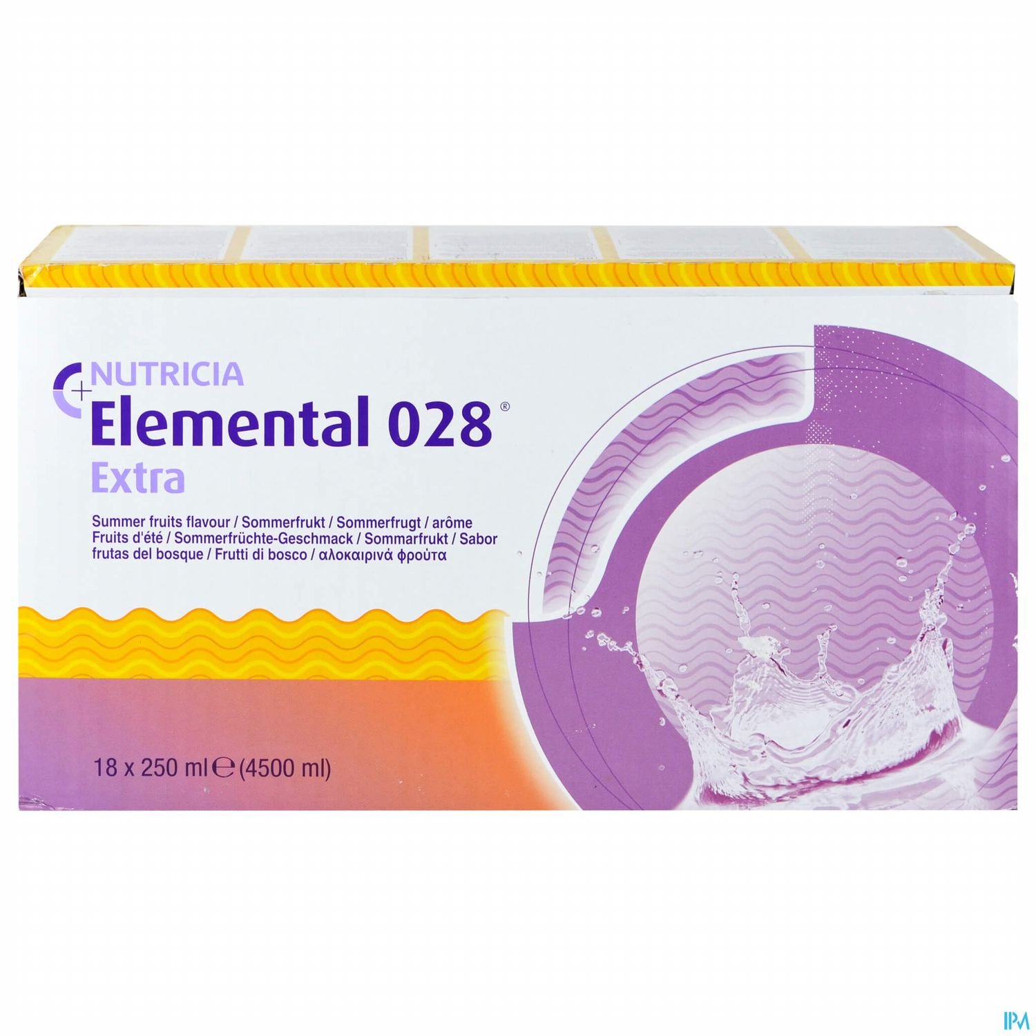 Verpackung von Nutricia Elemental 028 Extra in der Geschmacksrichtung Sommerfrucht, 18 x 250 ml.