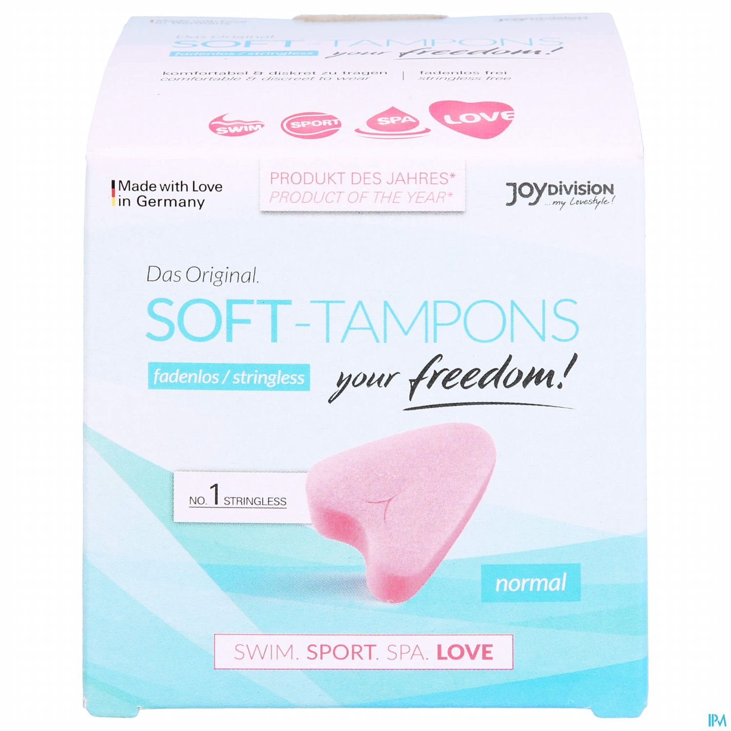 Verpackung von Joy Division Soft-Tampons in Rosa mit Texten über Freiheit, Sport und Liebe.