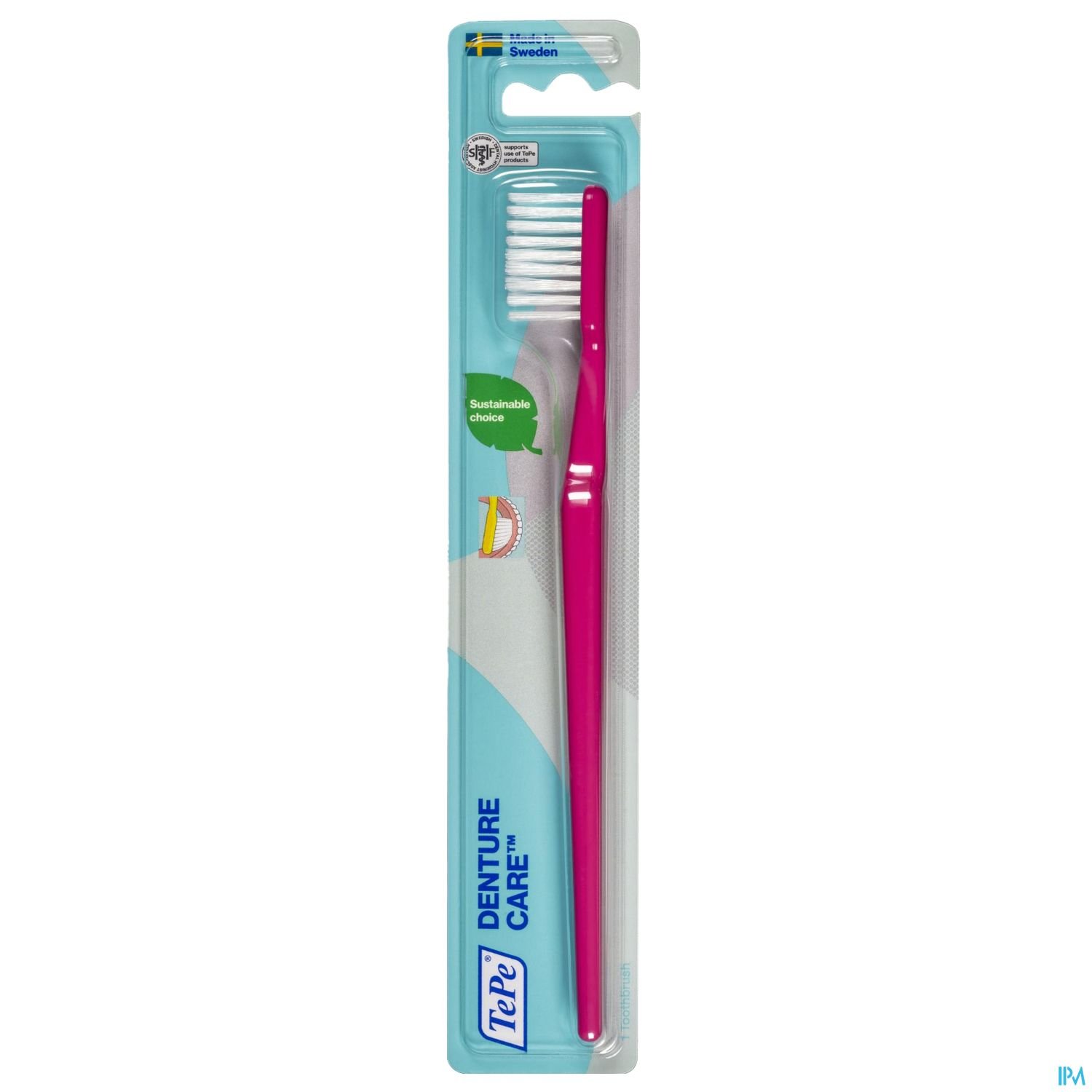 Paket mit einer pinken Zahnbürste für die Pflege von Zahnprothesen.