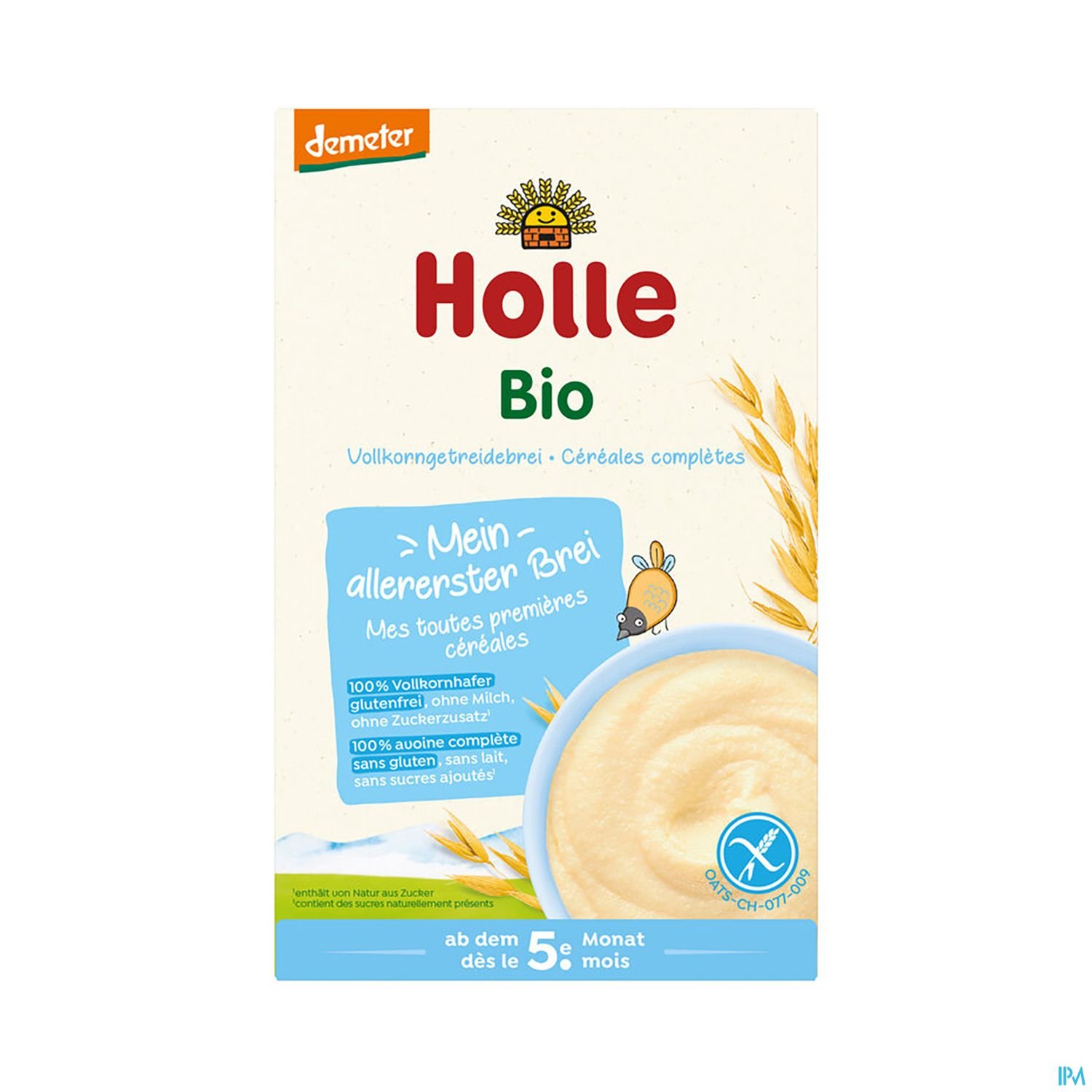 Verpackung von Holle Bio Vollkornbrei mit dem Hinweis "Mein allererster Brei" und der Aufschrift "ab dem 5. Monat".