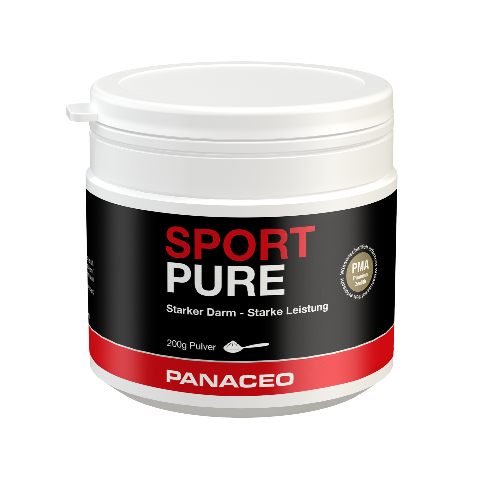 Dose mit Sportnahrung "SPORT PURE" von PANACEO, 200g Pulver, mit dem Slogan "Starker Darm - Starke Leistung".