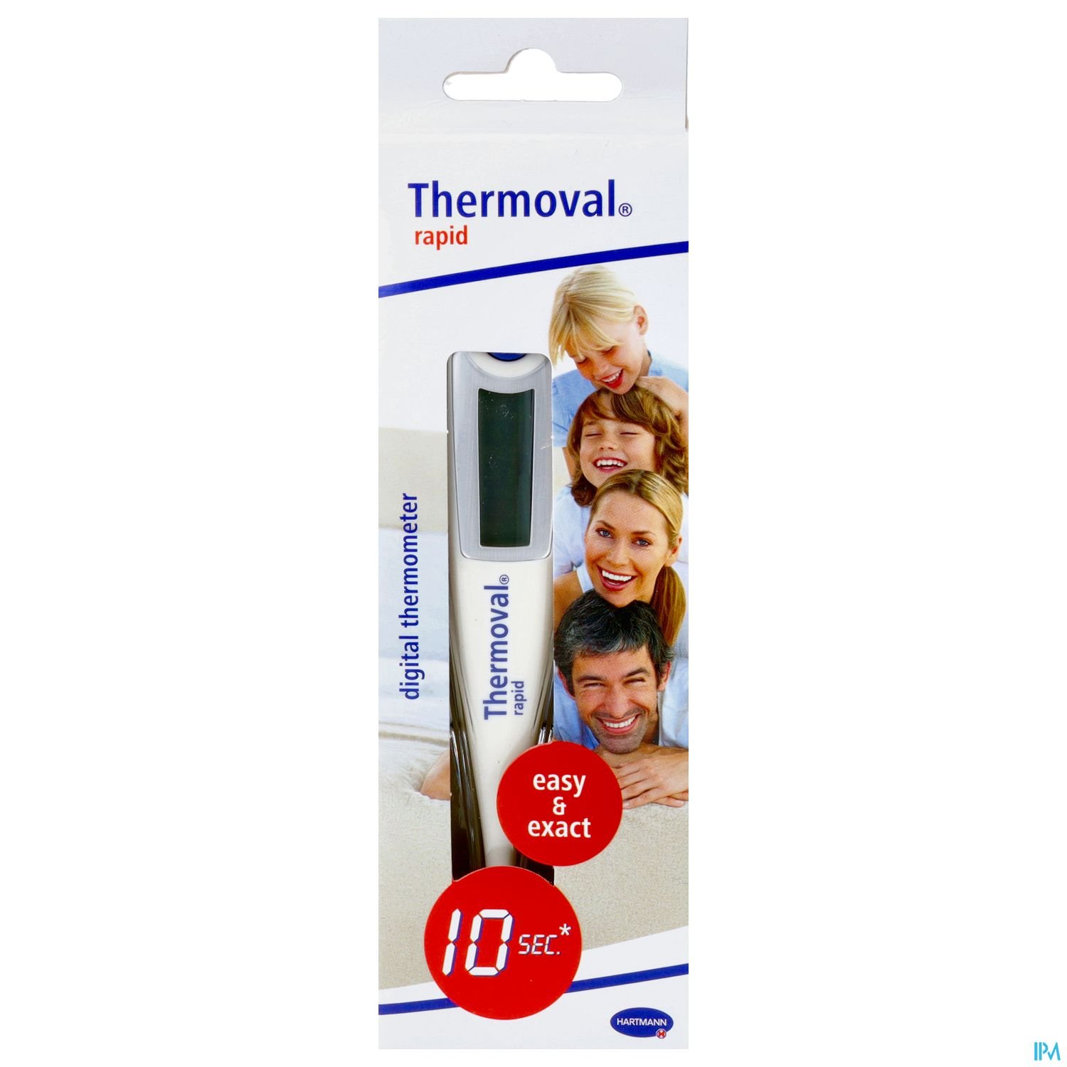 Verpackung eines digitalen Fieberthermometers mit der Aufschrift "Thermoval rapid", Bildern von Personen und dem Hinweis "10 Sek."