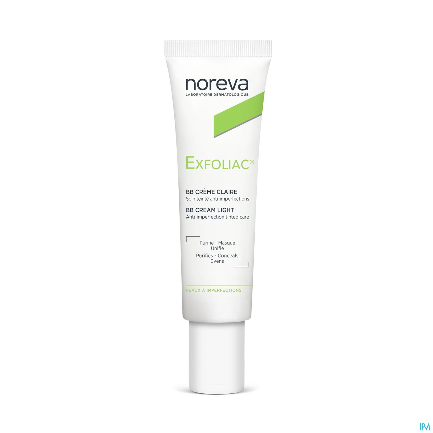 Tubenverpackung einer BB-Creme der Marke Noreva mit der Bezeichnung "Exfoliac", die gegen Hautunreinheiten wirkt.