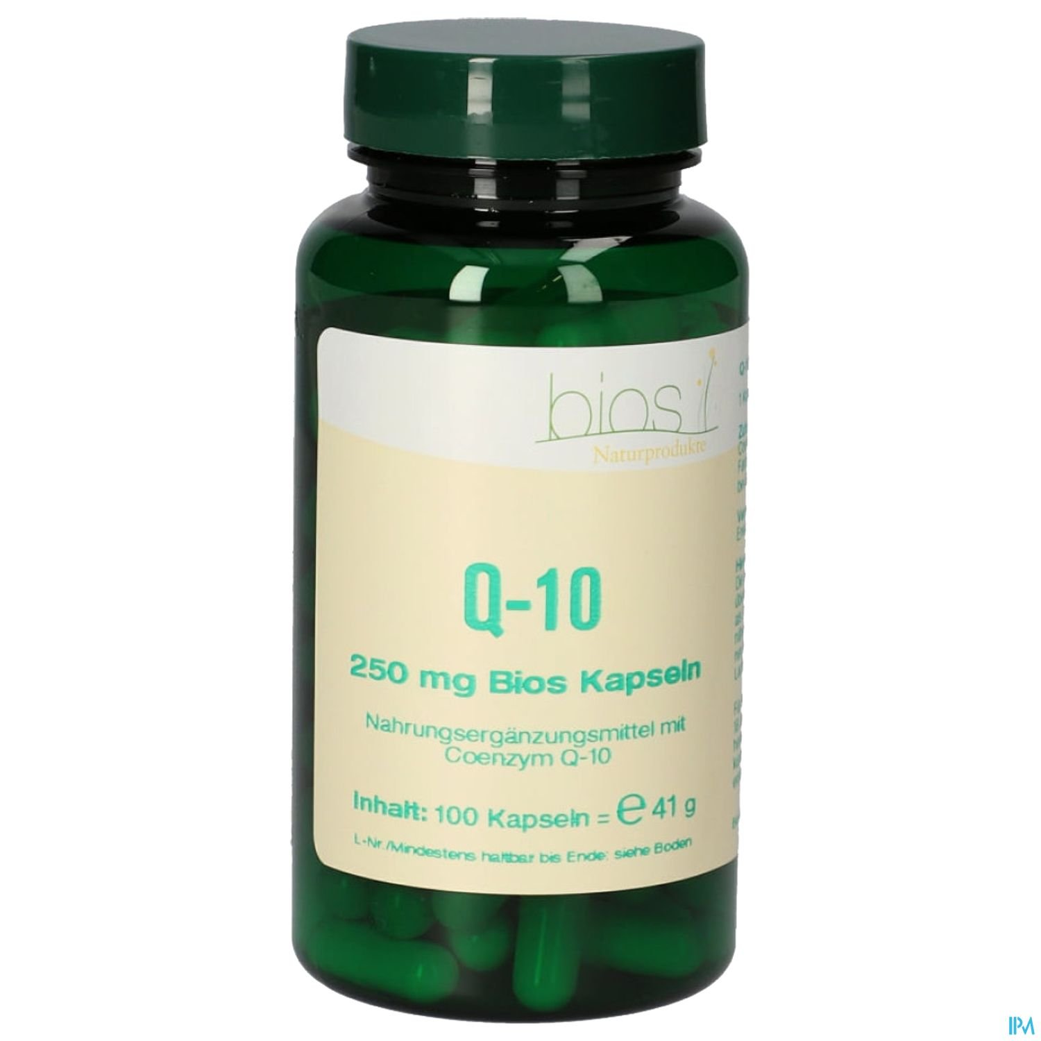 Grüne Kapselflasche mit der Aufschrift "Q-10 250 mg Bios Kapseln", enthält 100 Kapseln.