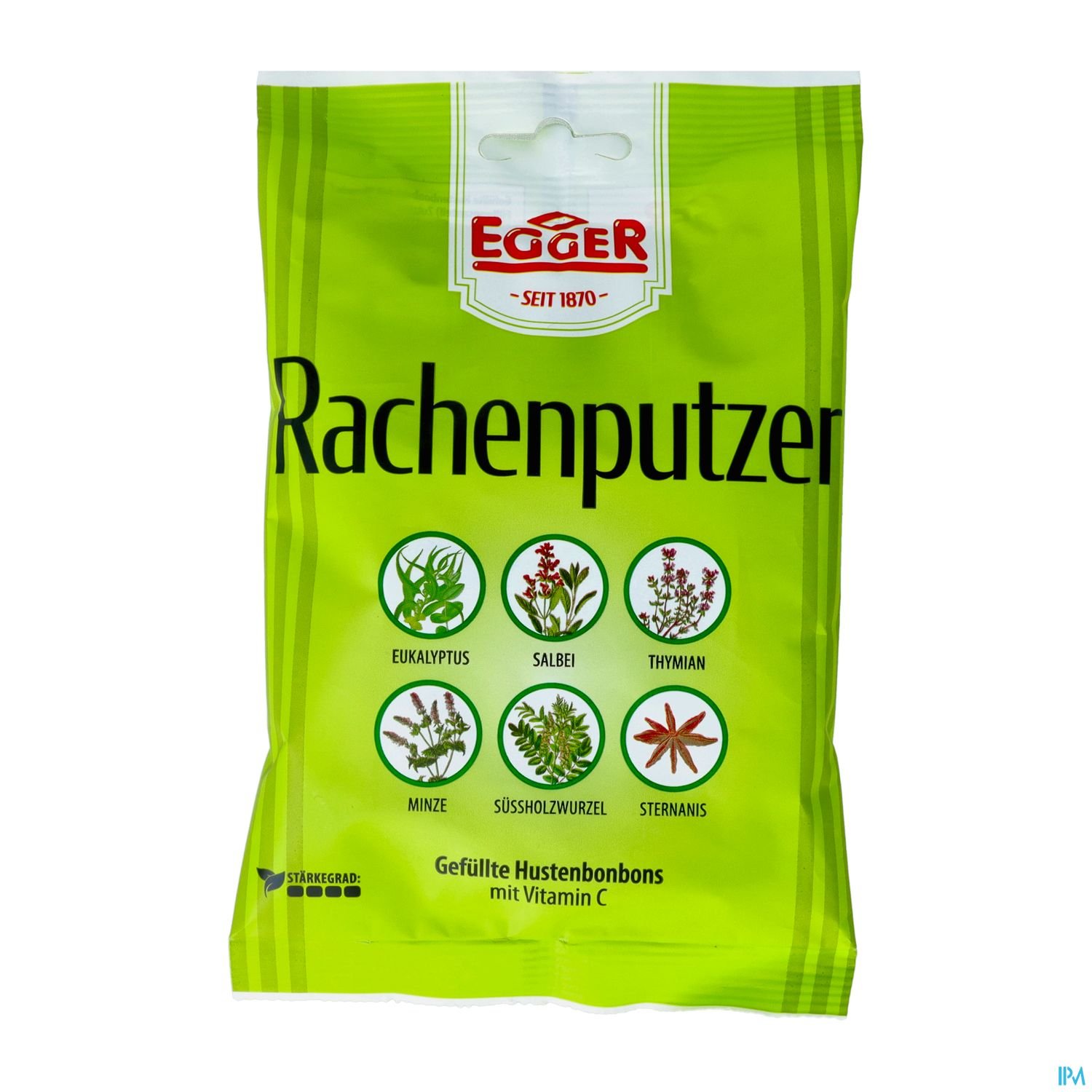 Grüne Verpackung von Egger Rachenputzer mit abgebildeten Kräutern: Eukalyptus, Salbei, Thymian, Minze, Süßholzwurzel und Sternanis, sowie dem Hinweis auf gefüllte Hustenbonbons mit Vitamin C.