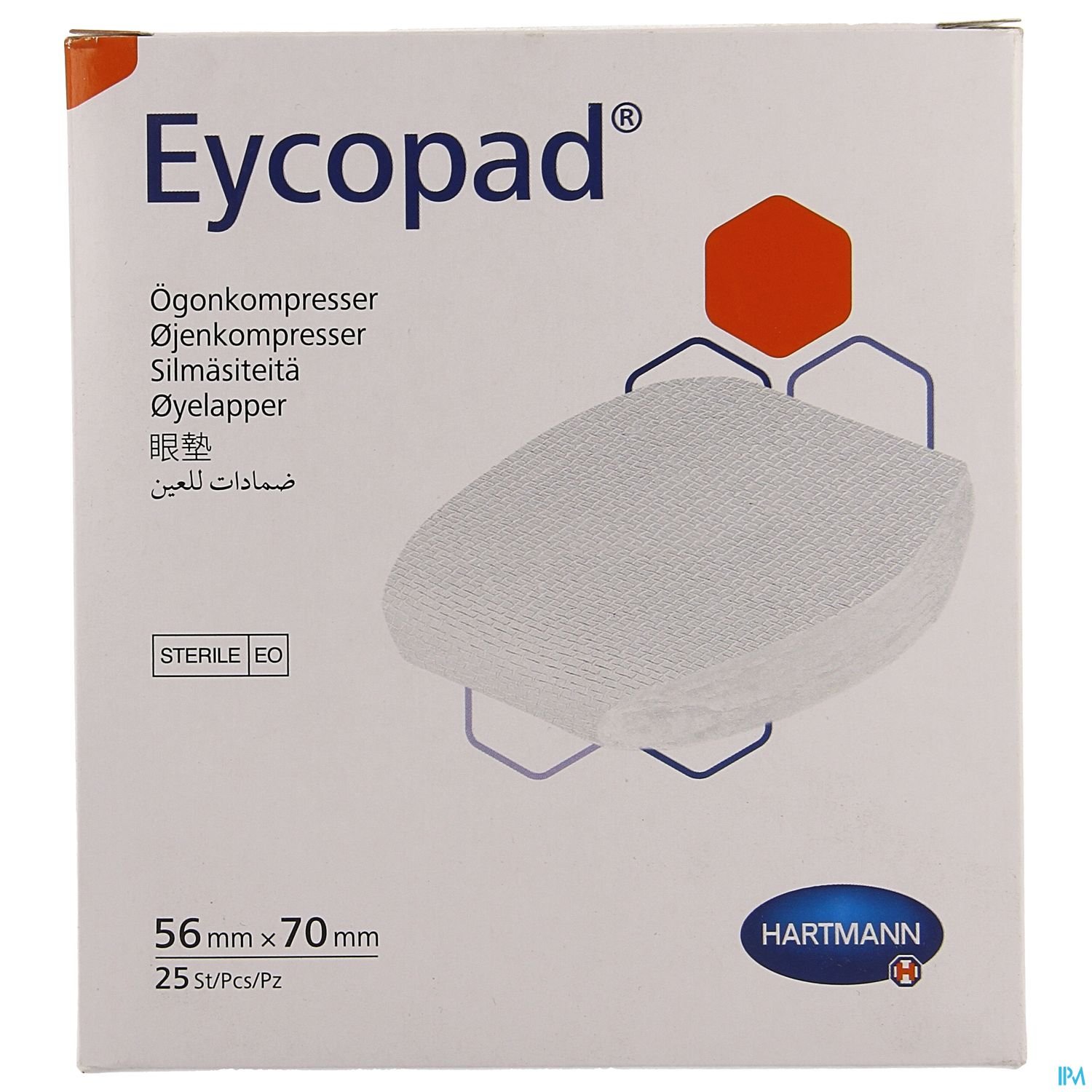 Verpackung des Eyecopad Augenkompressen mit produktbezogenen Angaben und sterilisiertem Inhalt.