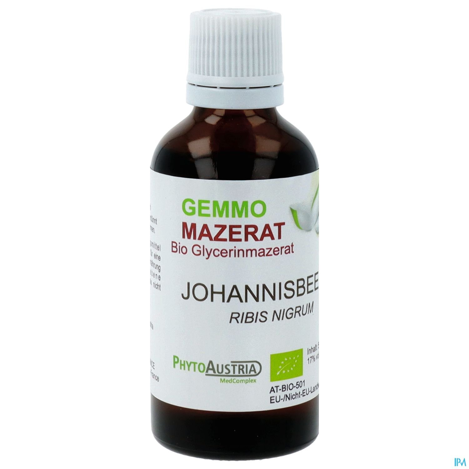 Braune Flasche mit Bio-Glycerinmazerat aus Johannisbeere, Etikett in Deutsch.
