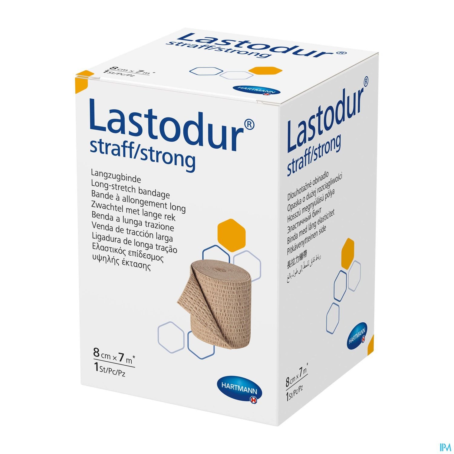 Verpackung einer Lastodur-Bandage, 8 cm x 7 m, mit mehrsprachiger Beschreibung und Herstellerlogo.
