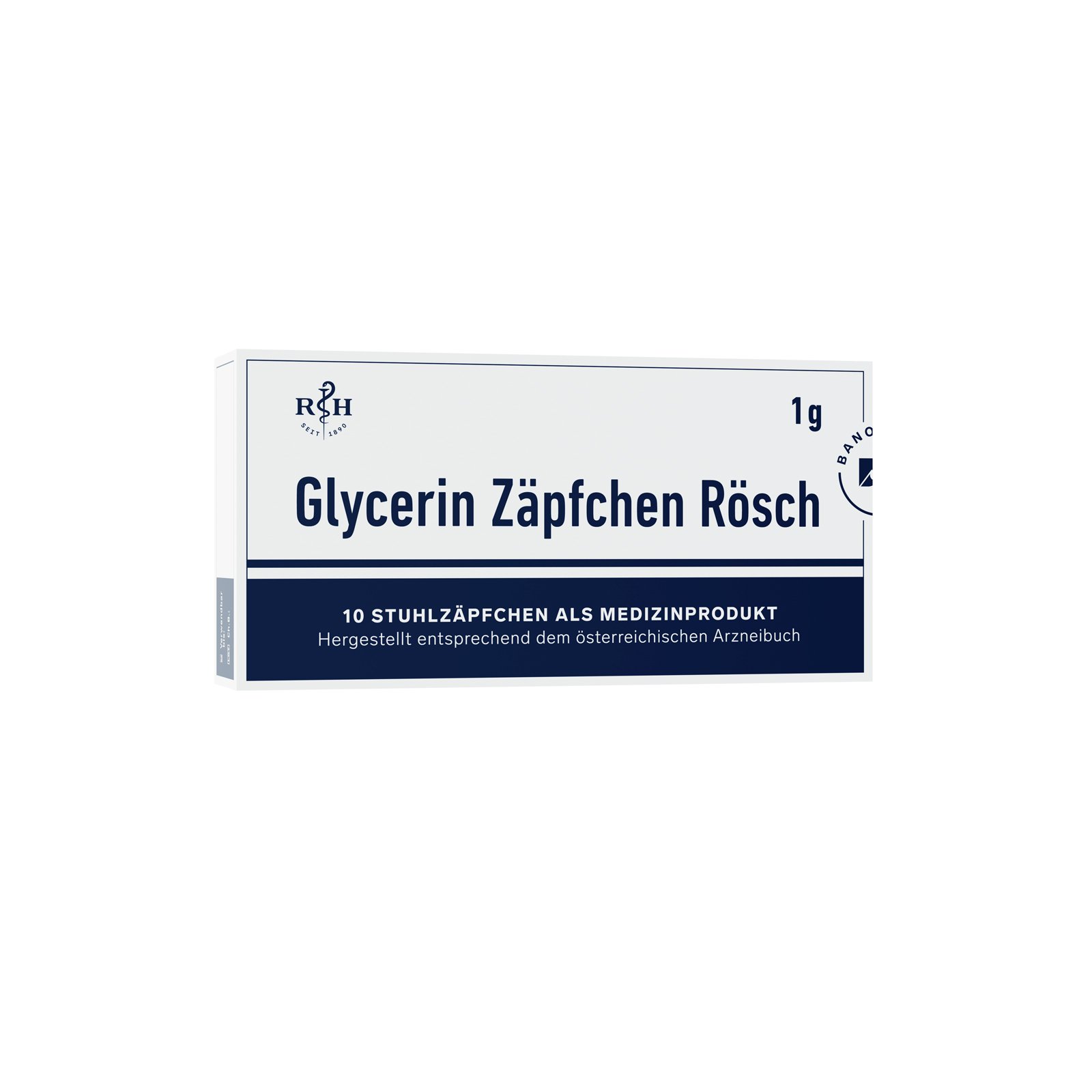 Verpackung mit Glycerin-Zäpfchen Rösch, 10 Stück, 1 g, medizinisches Produkt.