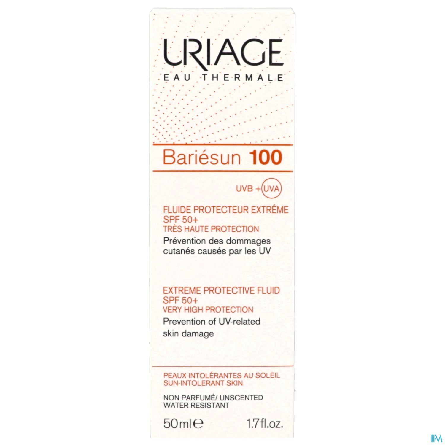Produktverpackung von "Uriage Bariésun 100", Sonnenschutzfluid mit SPF 50+, mit Angaben zu UV-Schutz und Hautschutz.