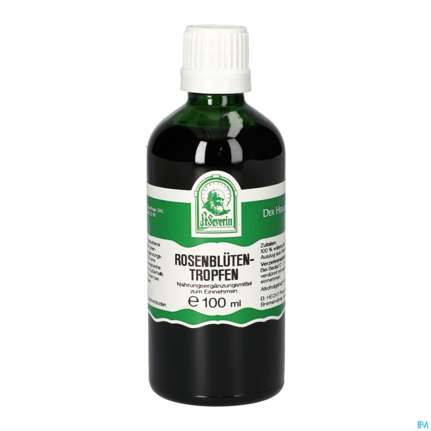 Flasche mit Rosenblütentropfen, 100 ml, mit grüner und weißer Etikettierung.