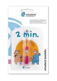 Verpackung eines Sanduhrprodukts von miradent mit der Aufschrift "2 min." und Illustrationen von zwei Figuren.