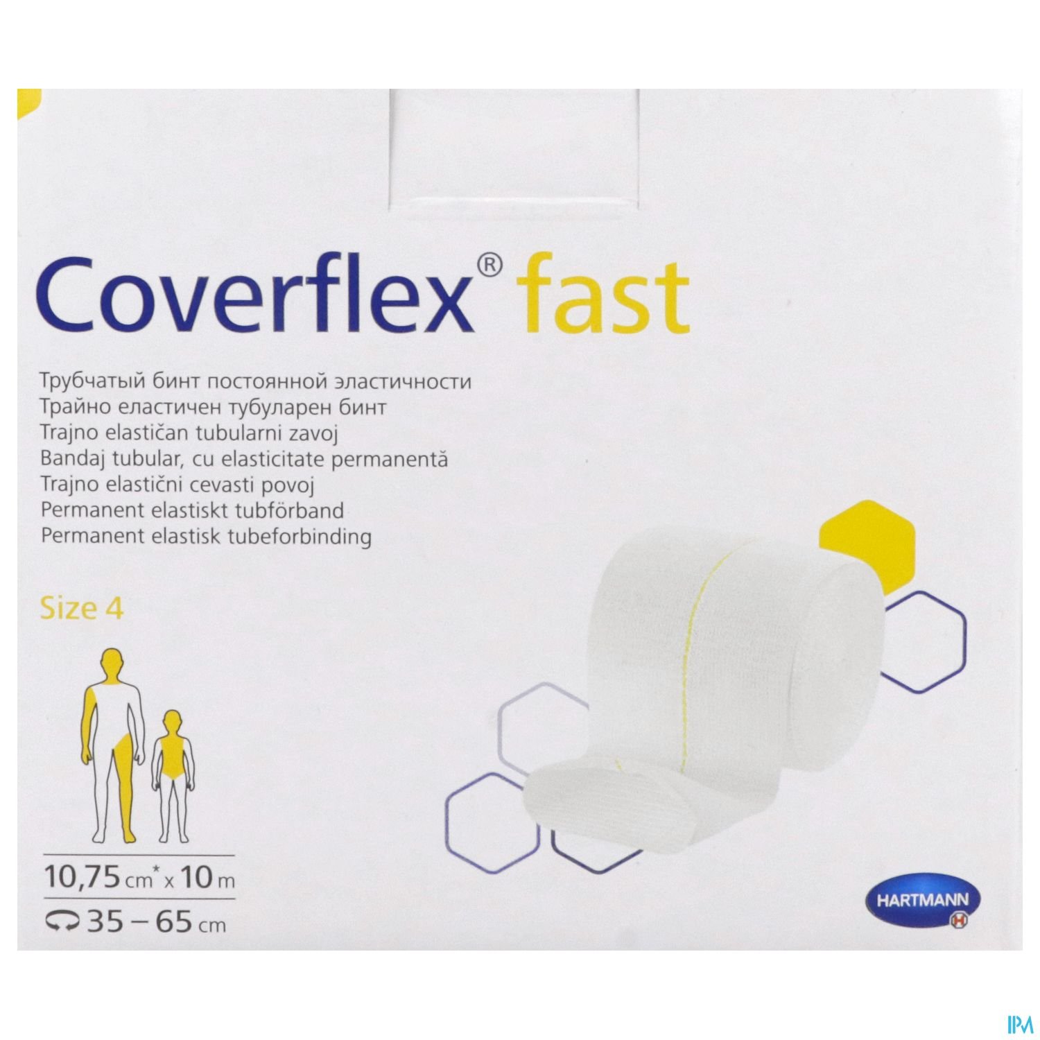 Verpackung eines elastischen Verbandes namens "Coverflex fast", Größe 4, mit Abmessungen von 10,75 cm x 10 m, geeignet für Umfänge von 35-65 cm.