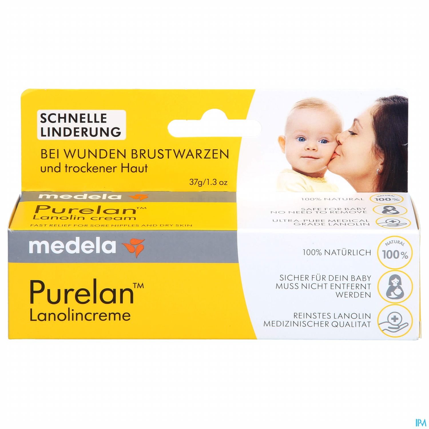 Packung von Medela Purelan Lanolinceme mit Informationen zur Anwendung bei wunden Brustwarzen und trockener Haut.