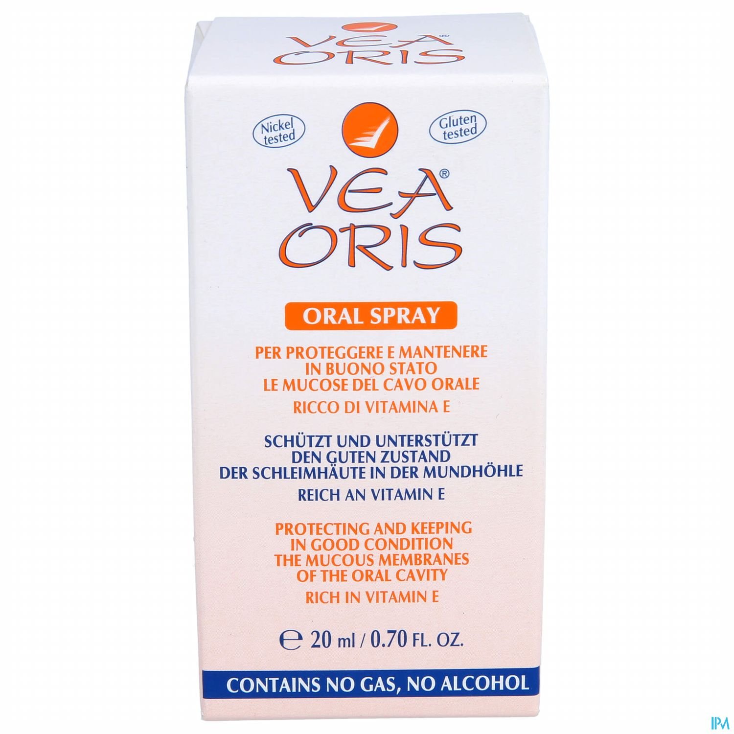 Verpackung eines oralen Sprays namens VEA ORIS, 20 ml, mit Beschreibungen über den Inhalt und die Vorteile für die Mundschleimhaut.