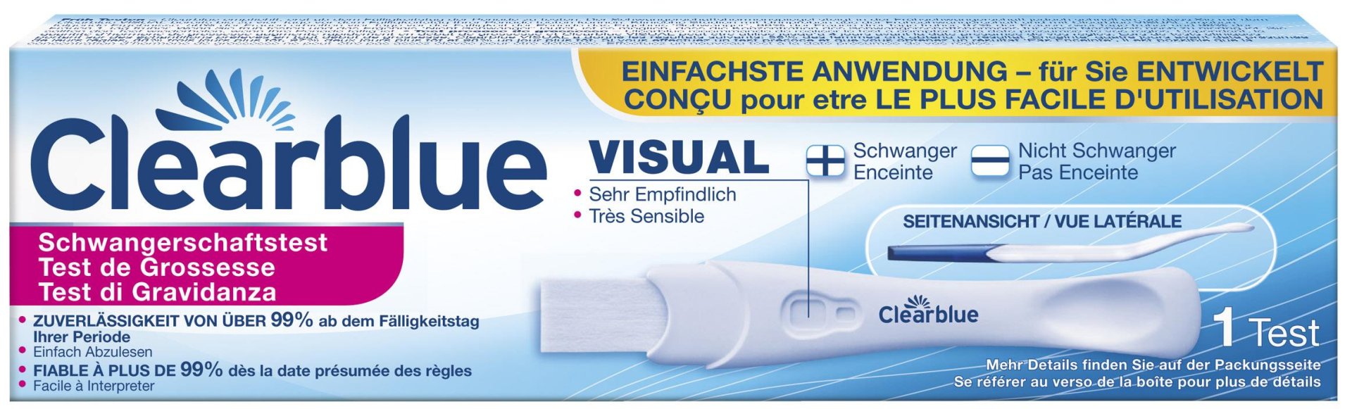 Verpackung eines Clearblue Schwangerschaftstests mit dem Hinweis auf einfache Anwendung und Sensitivität.