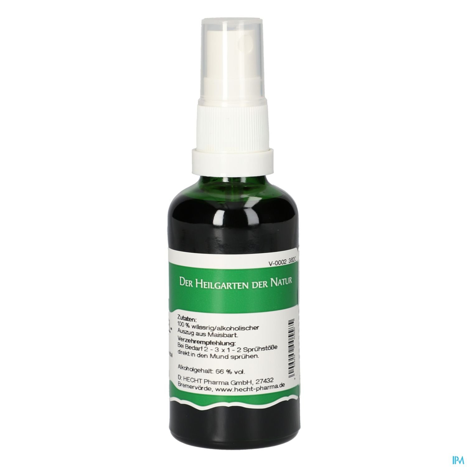 Schwarze Sprühflasche mit weißen und grünen Etiketten, beschriftet mit „Der Heiliggarten der Natur“ und Inhaltsstoffen.