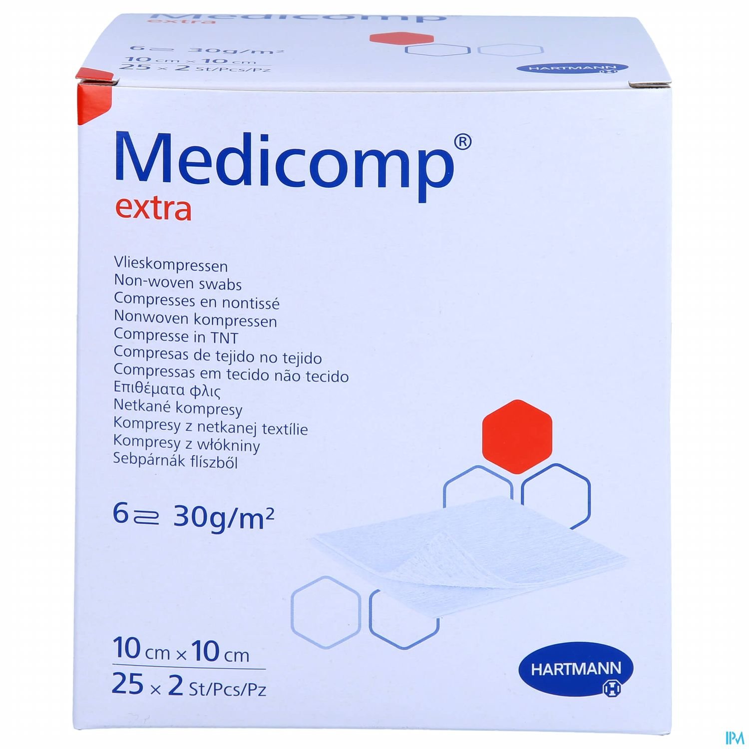 Packung mit Medicomp® extra Vlieskompressen, 25 Stück, 10 cm x 10 cm, 30 g/m².