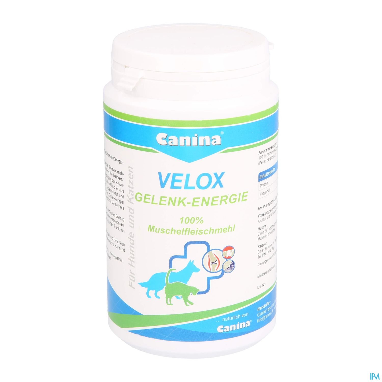 Weißer Behälter mit blauer und grüner Schrift, der das Produkt "Velox Gelenk-Energie" von Canina für Hunde und Katzen enthält.