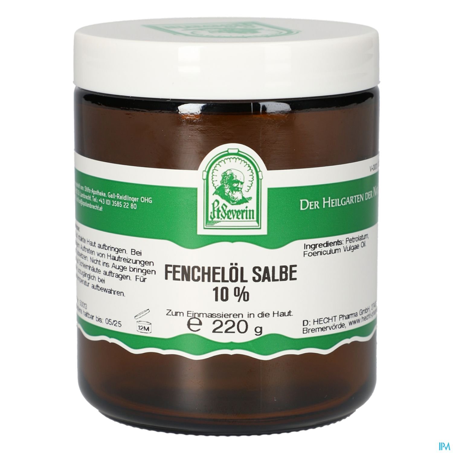 Braunes Glasgefäß mit weißem Deckel, beschriftet als "Fenchelöl Salbe 10 %" und enthält 220 g.