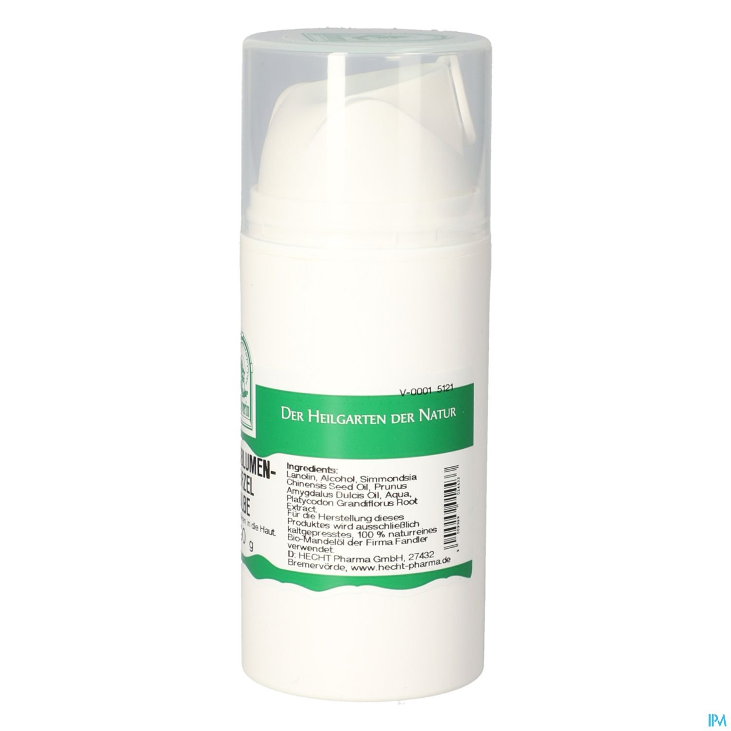 Weißer Pumpspender mit grünem Etikett, beschriftet mit "Der Heilgarten der Natur" und Inhaltsstoffangaben.