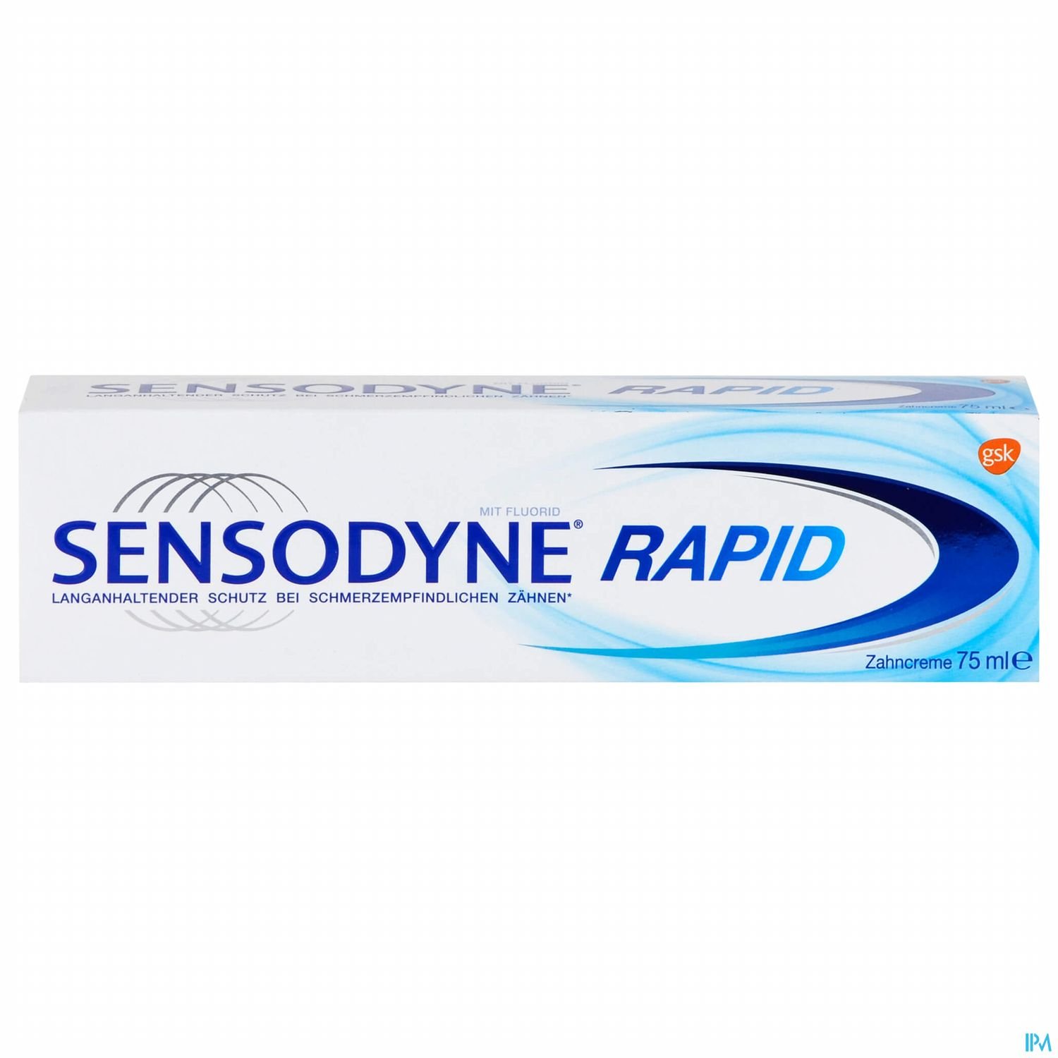 Verpackung von Sensodyne Rapid Zahnpasta, 75 ml, für empfindliche Zähne.