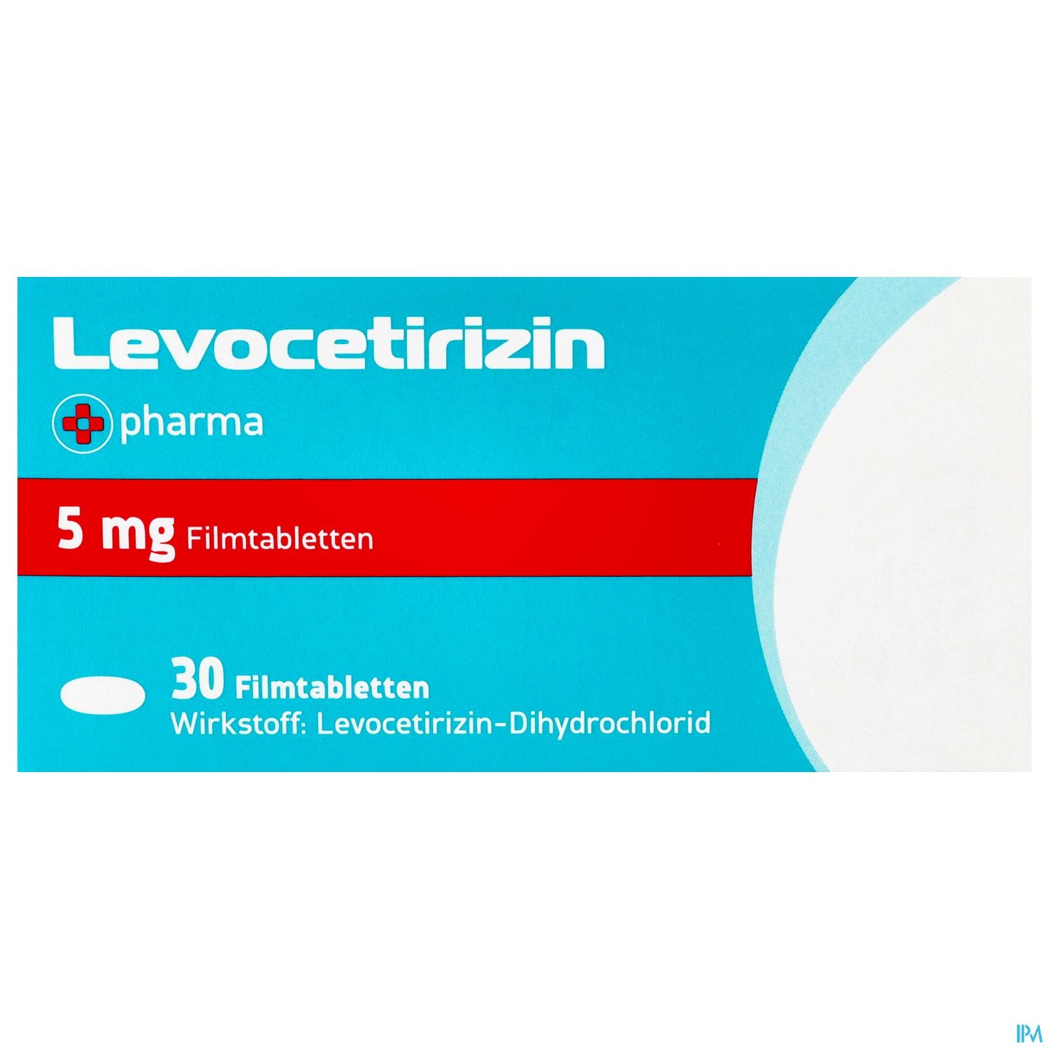 Packungsdesign von Levocetirizin 5 mg Filmtabletten, 30 Stück.