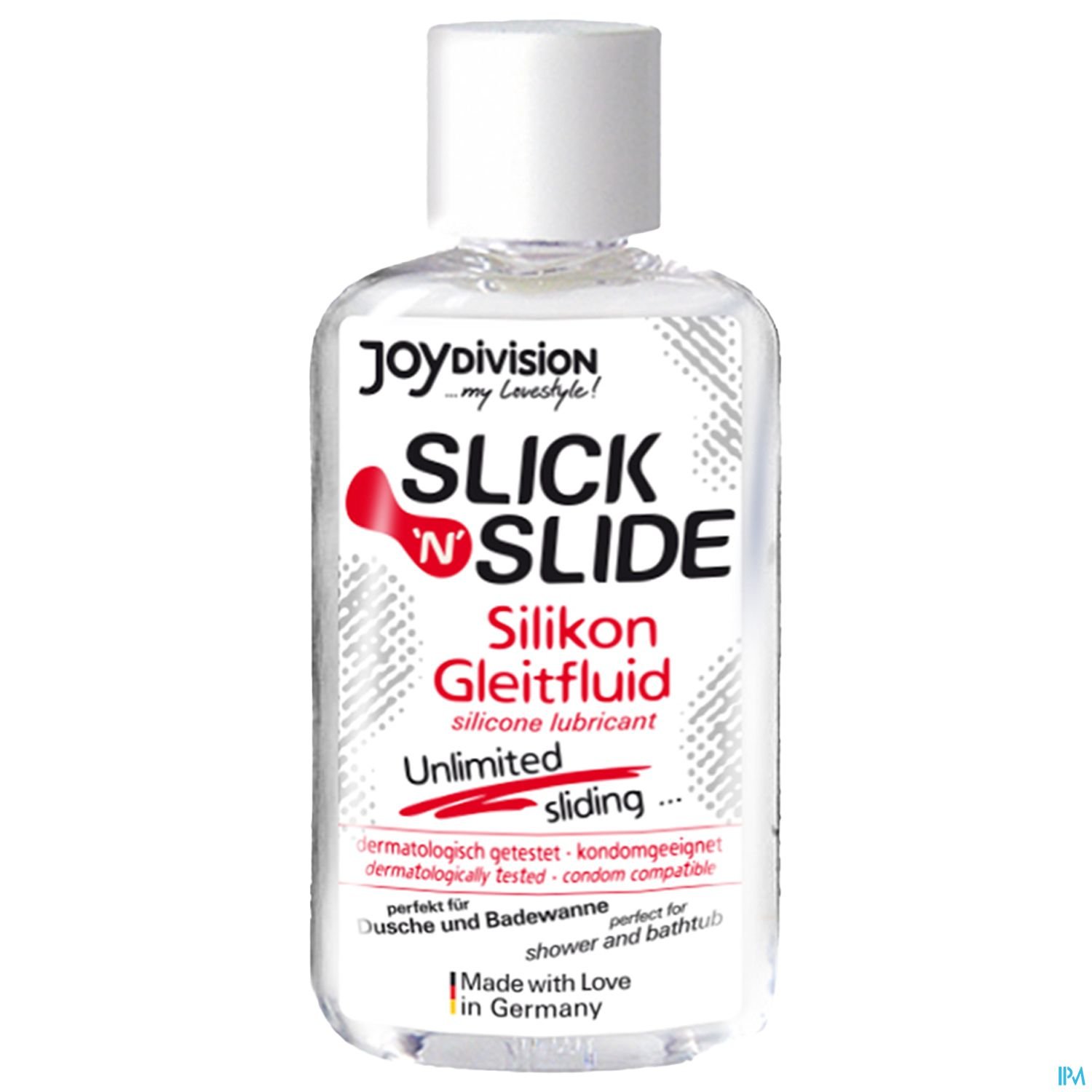 Flasche mit silikonbasierendem Gleitfluid "SLICK 'N' SLIDE" von JOYDIVISION, geeignet für Dusche und Badewanne.