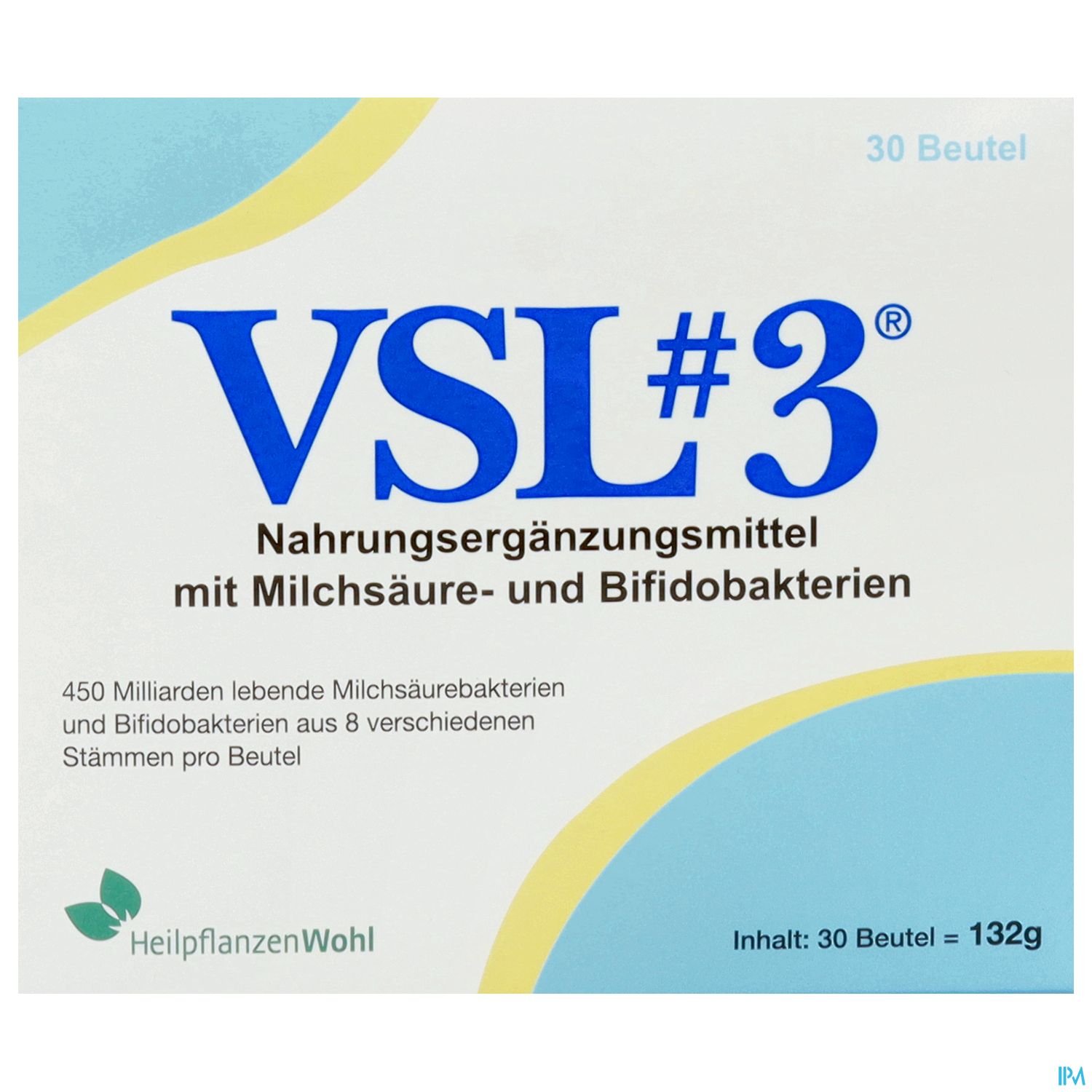Verpackung des Nahrungsergänzungsmittels VSL#3 mit Angaben zu Inhaltsstoffen und Menge.