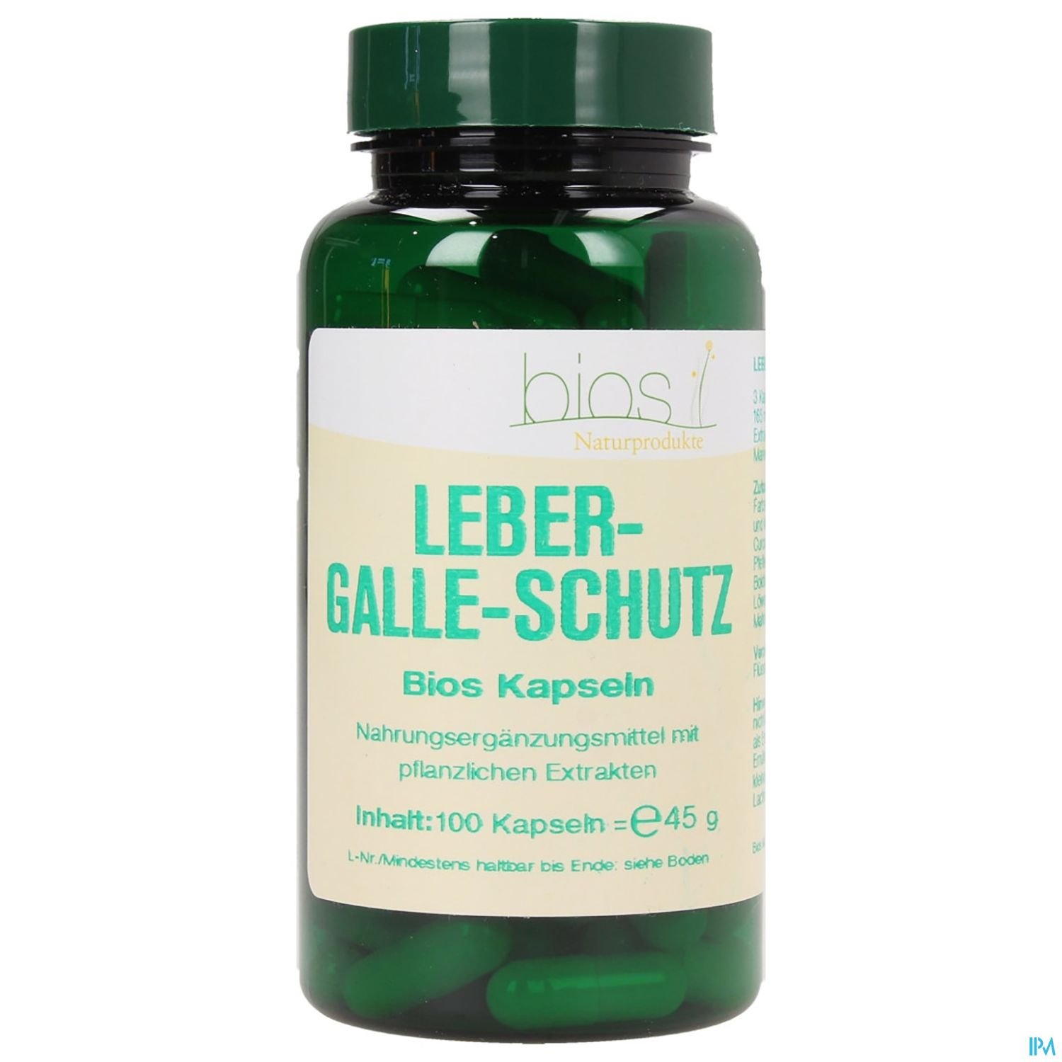 Grüne Kapseln in einer schwarzen Flasche mit dem Etikett "LEBER-GALLE-SCHUTZ" und der Aufschrift "Bios Kapseln" sowie Informationen über Inhalt und Preis.