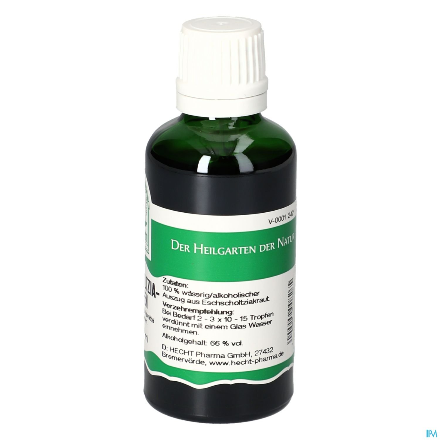 Schwarze Flasche mit grüner Etikettierung und weißem Deckel, beschriftet mit "Der Heilgarten der Natur" und Informationen zu Inhaltsstoffen und Anwendung.