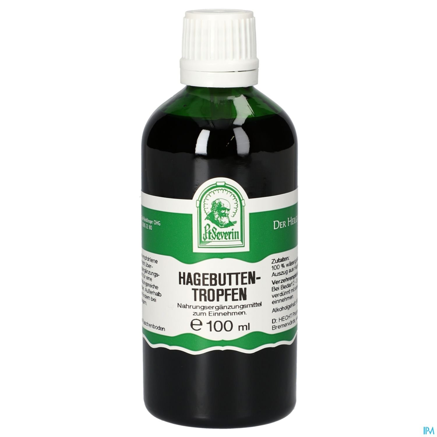 Flasche mit Hagebuttentropfen, 100 ml, beschriftet mit Inhaltsstoffen und Anwendungsgebieten.