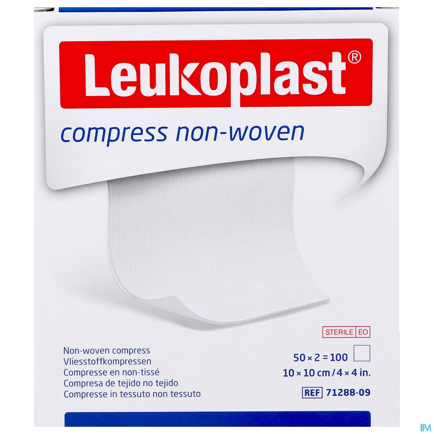 Packung mit Leukoplast Vliesstoffkompressen, sterile Kompressen, 50 Stück, Größe 10 x 10 cm.
