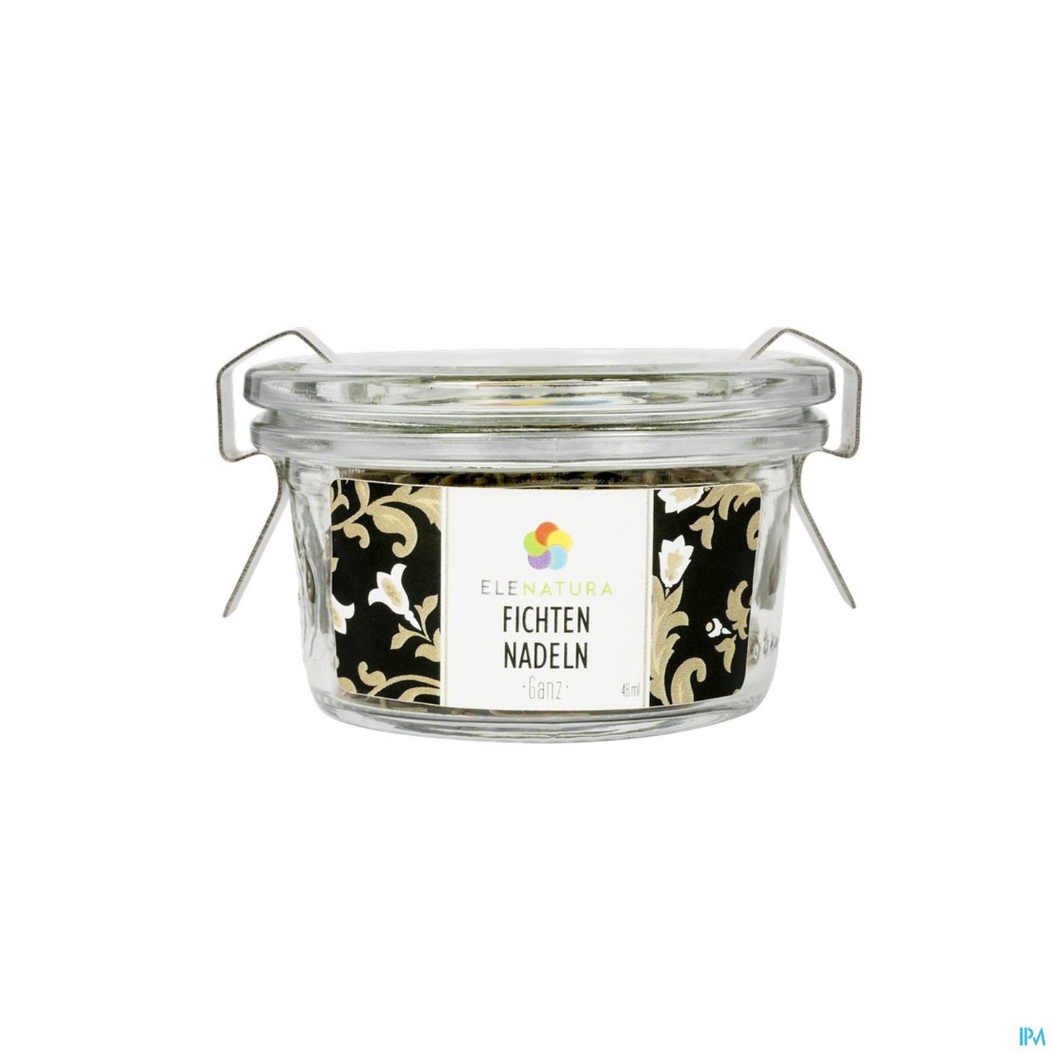 Glasbehälter mit Fichtennadeln, etikettiert mit "Elenatura Fichten Nadeln".
